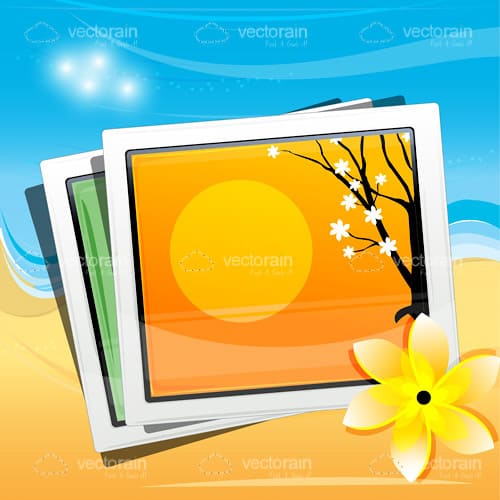 Travellers Photographs on a Sandy Beach Background with a Flower Icon